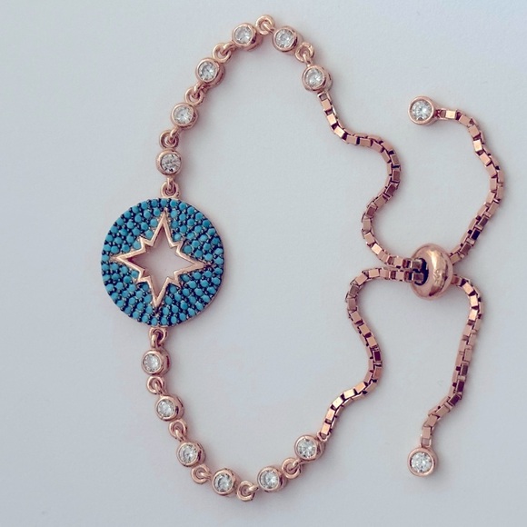 925 Silver compass bracelet turquoise star slider lock 14k rose gold plated - Picture 3 of 3